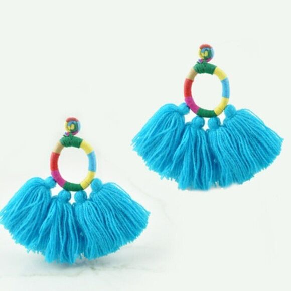 NWT Mochi Hallu Summer Drop Tassel Woven Blue Boho Fringe Crochet Big Earrings - Picture 9 of 11